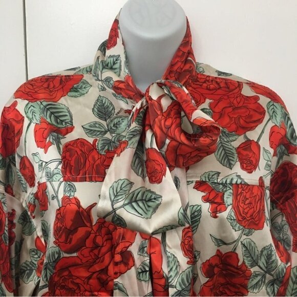 Ganni Rose Print Oversized Tie-Neck Stretch-Silk Blouse - Picture 4 of 15